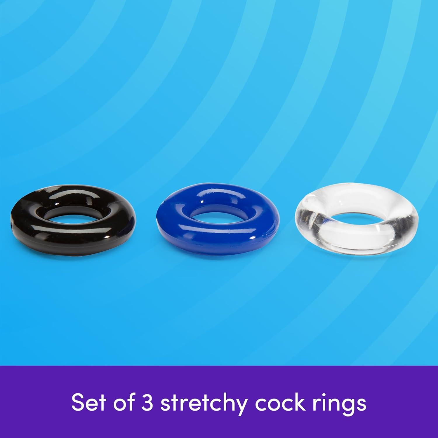 imageLovehoney Doughnut Cock Ring Multipack Stretchy Penis Ring Waterproof 3 Pack Blue Black amp Clear