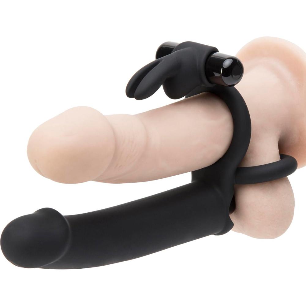imageLovehoney Double Fun Vibrating Rabbit Double Penetration Strap On Dildo  6 Inch Realistic Silicone Dildo with 2 Bullet Vibrators  Waterproof  Black