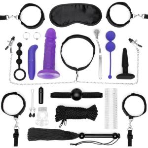 Lovehoney All You Need Bondage Kit – 20 Piece Bondage Set – Includes Blindfold, Flogger, Nipple Clamps, Vibrators, Anal Beads, Cock Ring and Much More – Sex Toys for Couples – Black/Purple