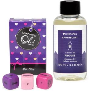 Lovehoney Apothecary Rose, Jasmine & Cedarwood Massage Oil 3.4 fl oz & Foreplay Sex Dice Game & 52 Position of the Week Cards | Couples Sex Games Bundle