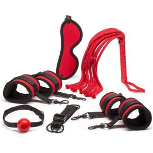 Lovehoney Bondage Boutique Red Hot Passion Bondage Kit – Includes Cuffs, Blindfold, Ball Gag, Rope Flogger & Strap – Beginner Sex Set for Couples – 6 Piece – Red/Black