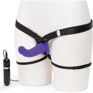 Lovehoney Double Duty Strap On Vibrating Dildo – Curved 7 Inch Silicone Dildo for Women with Wired Remote Control – Elasticated & Adjustable Harness – Adult Sex Toy – Purple