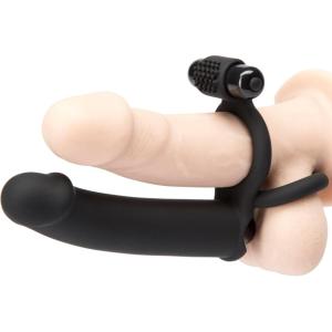 Lovehoney Double Fun Vibrating Double Penetration Strap On Dildo – 5.5 Inch Silicone Strap On Dildo for Men – 2 Bullet Vibrators & Cock and Ball Rings – Waterproof – Black(Black)