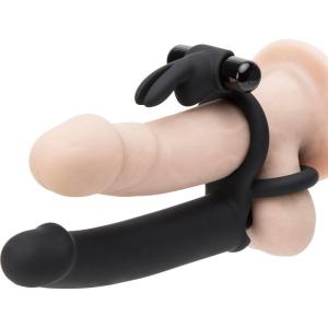 Lovehoney Double Fun Vibrating Rabbit Double Penetration Strap On Dildo – 6 Inch Realistic Silicone Dildo with 2 Bullet Vibrators – Waterproof – Black