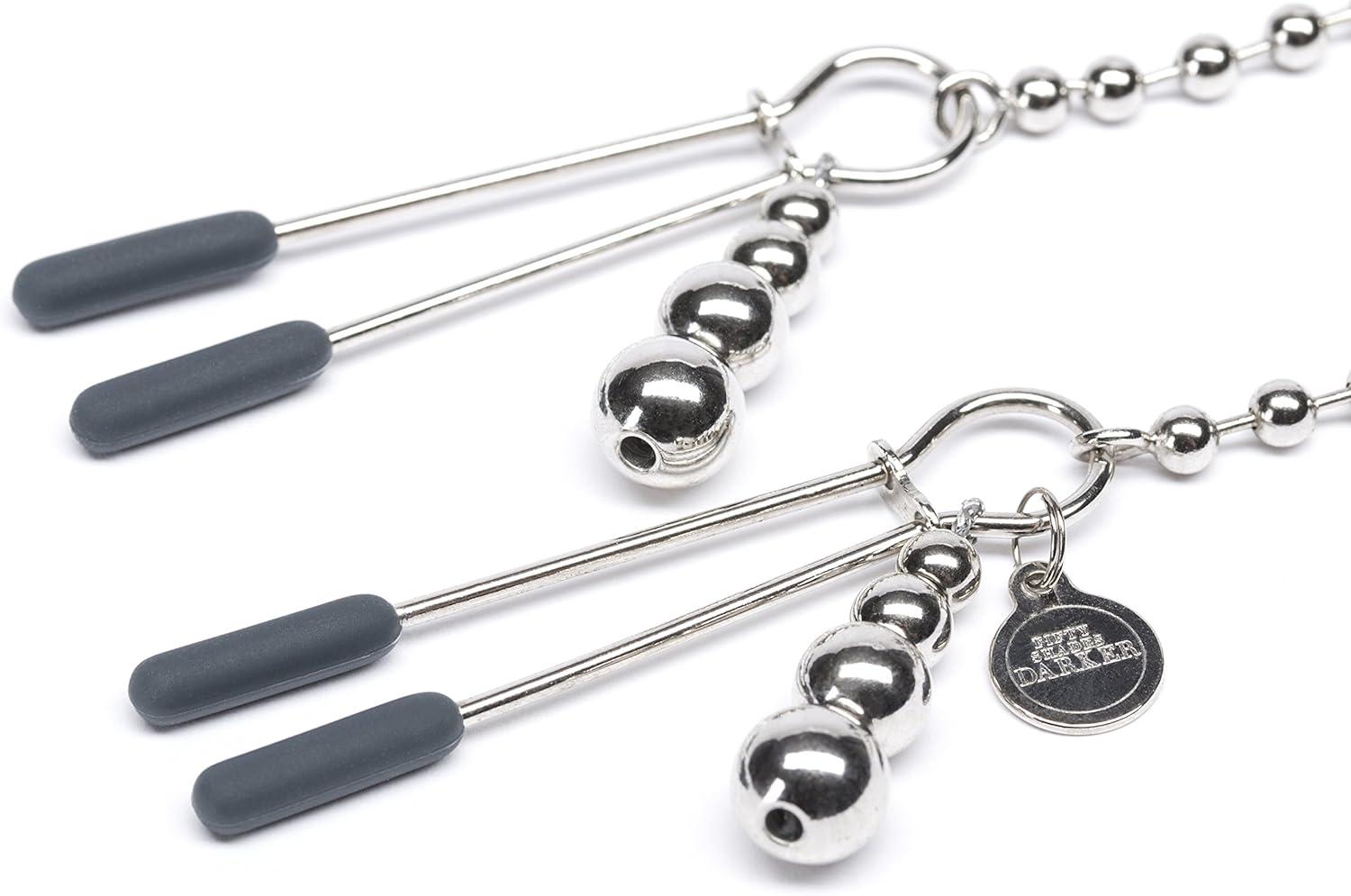 imageFifty Shades of Grey at My Mercy Nipple Clamps 27g Weighted Nipples Clamps with Chain Silicone Covered Tips for Stimulation Includes Satin Bag Silver