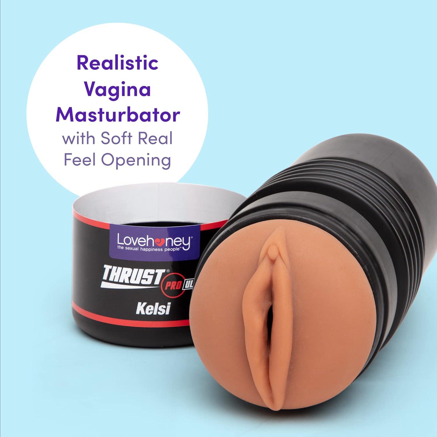 imageLovehoney Thrust Pro Ultra Kelsi Male Masturbator Cup 6 Inch Realistic Vagina with Textured Canal Vibrator Compatible Male Sex Toy Self Pleasure Sex Toys for Men Waterproof Flesh Tan