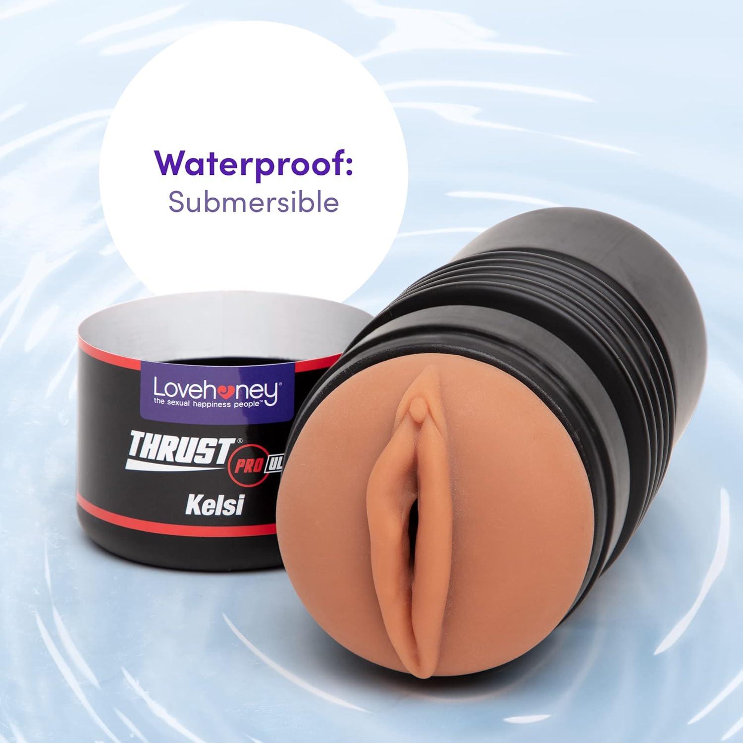 imageLovehoney Thrust Pro Ultra Kelsi Male Masturbator Cup 6 Inch Realistic Vagina with Textured Canal Vibrator Compatible Male Sex Toy Self Pleasure Sex Toys for Men Waterproof Flesh Tan