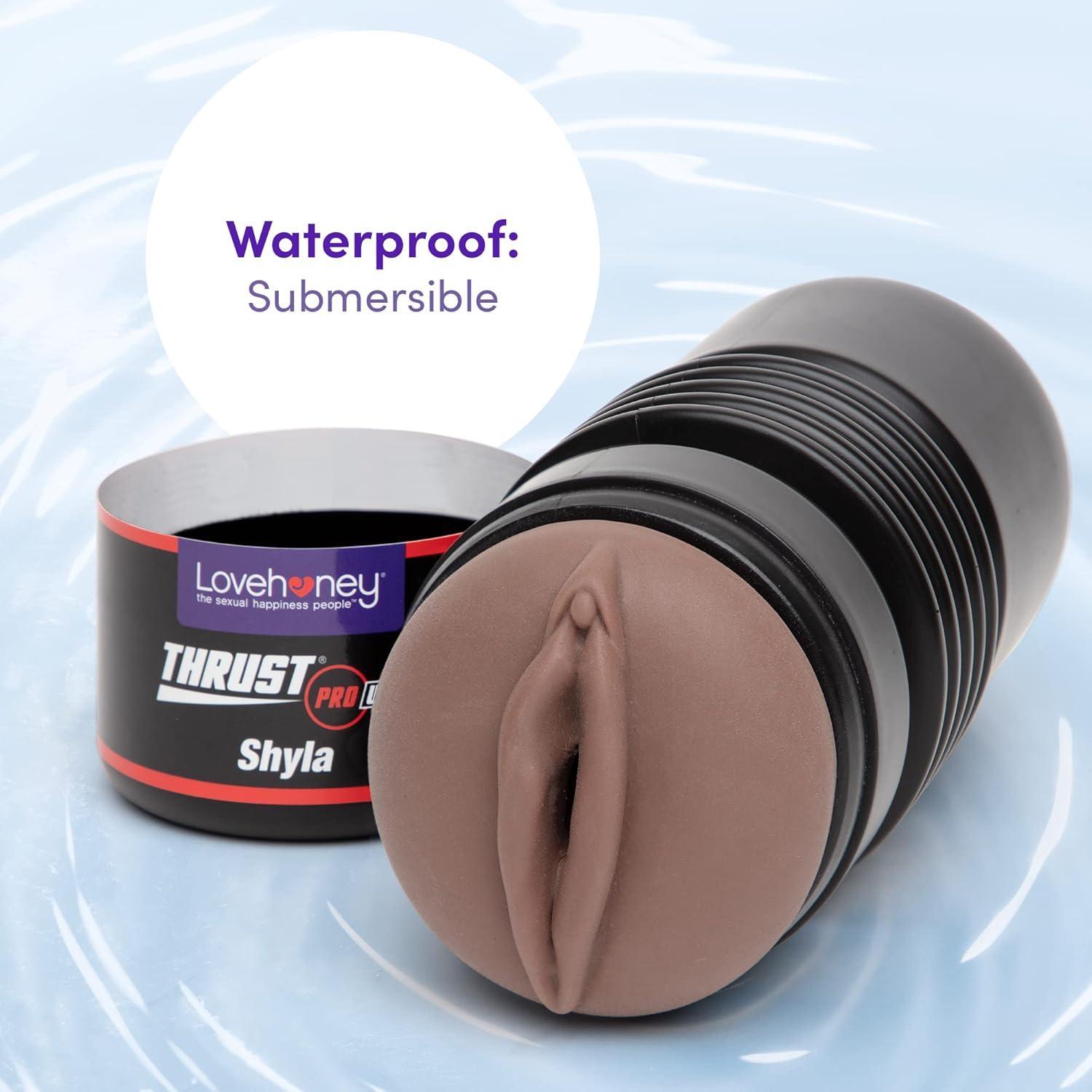 imageLovehoney Thrust Pro Ultra Shyla Male Masturbator Cup 6 Inch Realistic Vagina with Textured Canal Vibrator Compatible Male Sex Toy Self Pleasure Sex Toys for Men Waterproof Flesh Brown