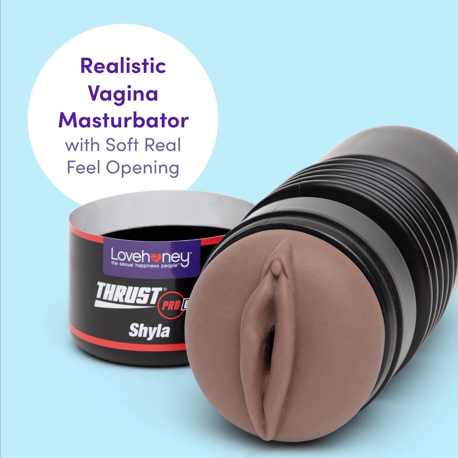 imageLovehoney Thrust Pro Ultra Shyla Male Masturbator Cup 6 Inch Realistic Vagina with Textured Canal Vibrator Compatible Male Sex Toy Self Pleasure Sex Toys for Men Waterproof Flesh Brown