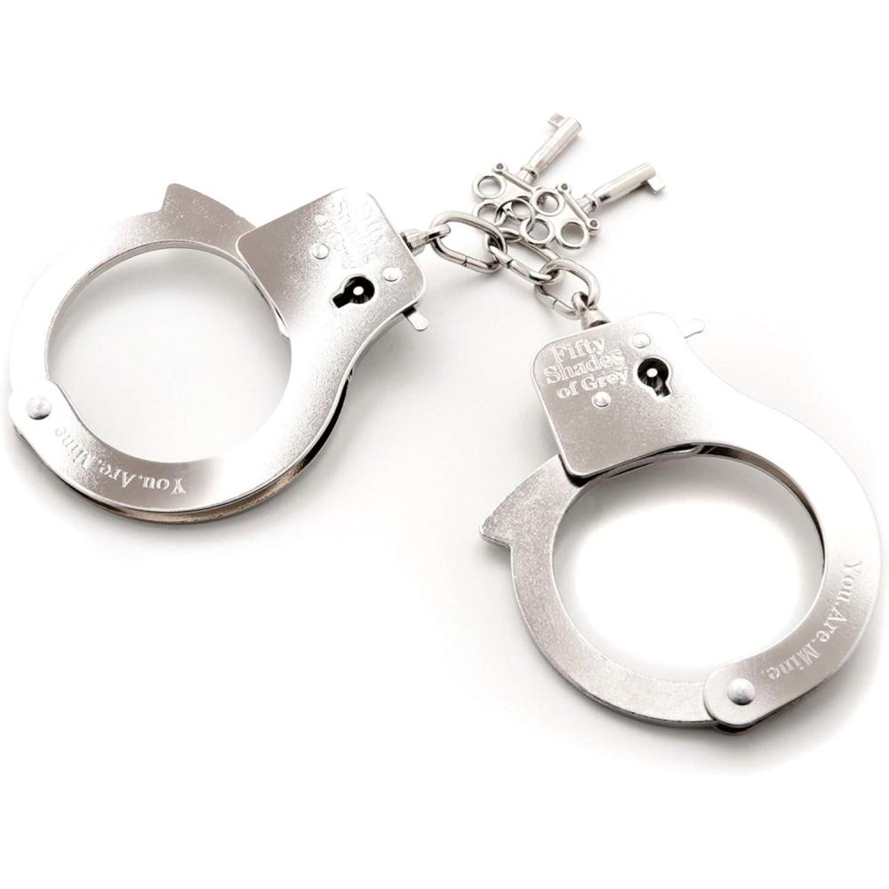 imageFifty Shades of Grey You are Mine Metal Handcuffs Lockable Handcuffs with 2 Keys amp Quick Release Adjustable Sexy Restraints for Couples with Satin Bag Silver