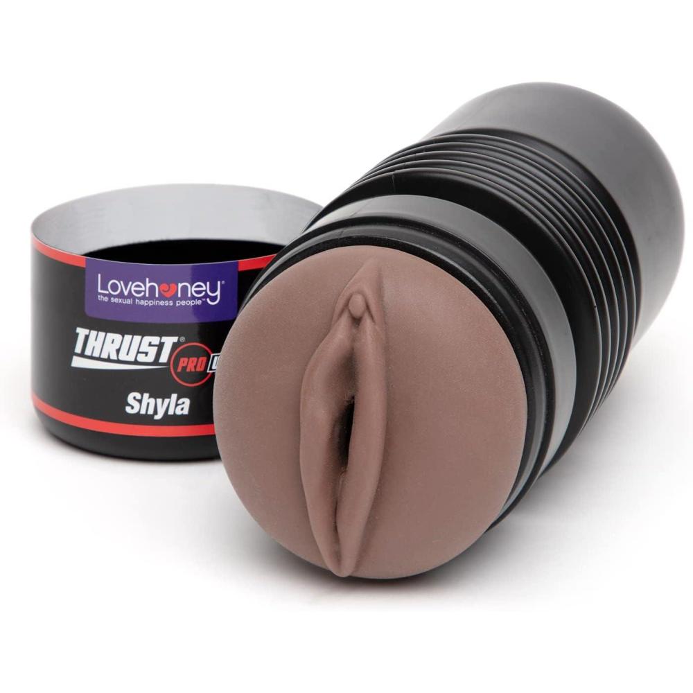 imageLovehoney Thrust Pro Ultra Shyla Male Masturbator Cup 6 Inch Realistic Vagina with Textured Canal Vibrator Compatible Male Sex Toy Self Pleasure Sex Toys for Men Waterproof Flesh Brown
