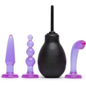 Lovehoney 4 Piece Anal Toys Kit – with 3X 4 Inch Butt Plugs & Douche – with Flared Base & Waterproof – Purple
