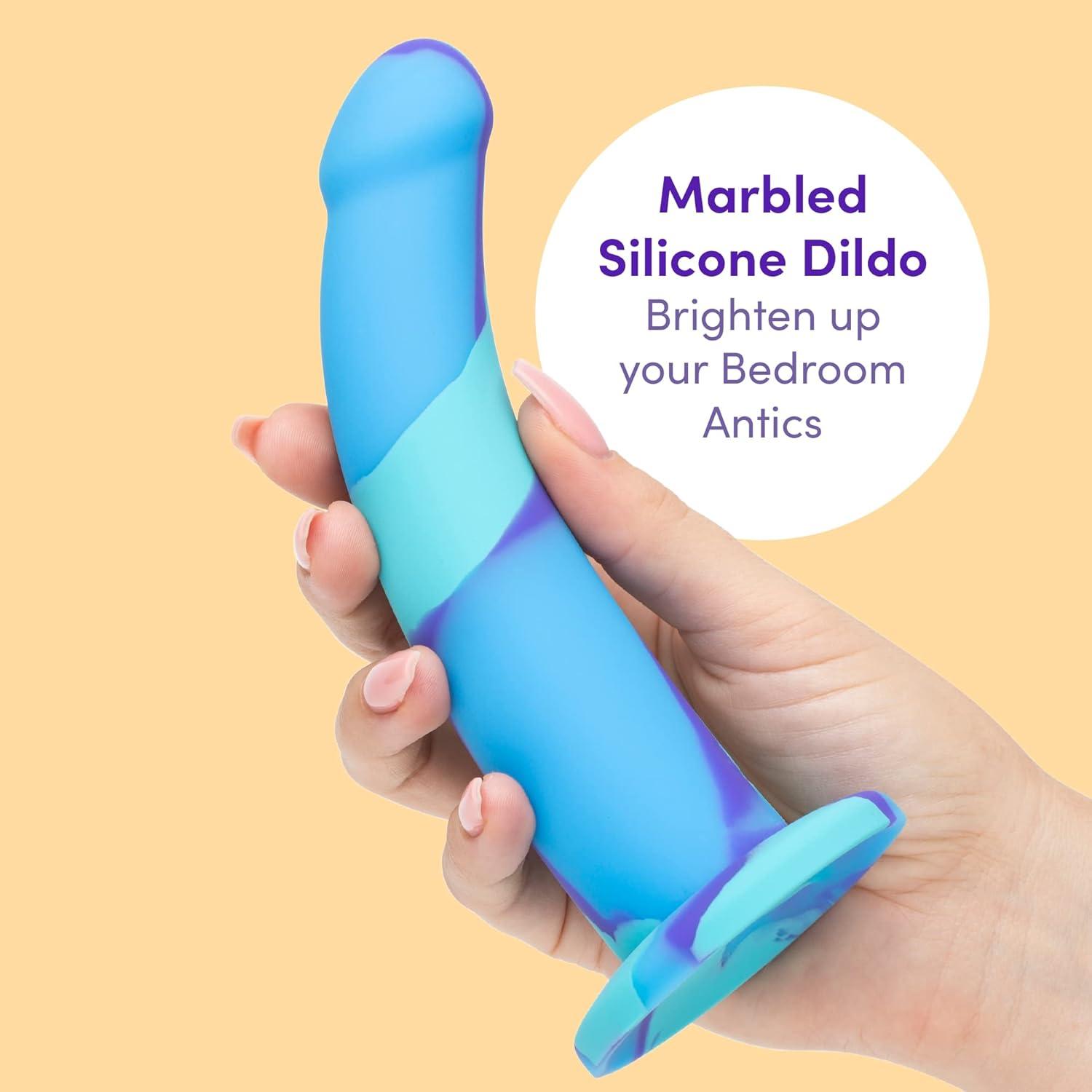 imageLovehoney Air and Water Curved Dildo 7 Inch Suction Cup Dildo for Women Multicoloured Smooth Silicone Harness Compatible Strap On Adult Sex Toy Waterproof BlueBlue