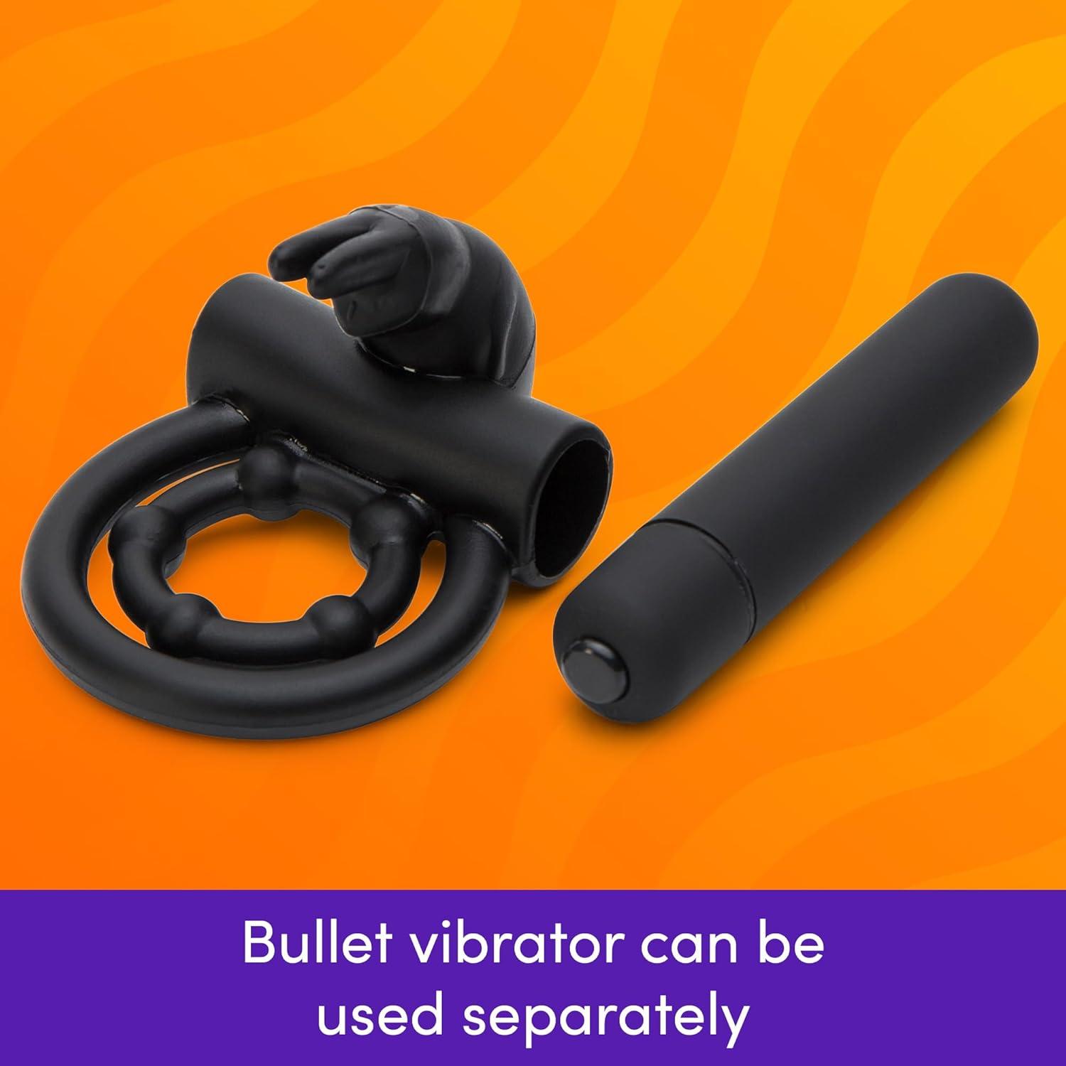 imageLovehoney Bionic Bullet Rabbit Vibrating Cock Ring Stretchy Silicone Double Penis Ring 5 Function Removable Bullet Vibrator Waterproof BlueBlack
