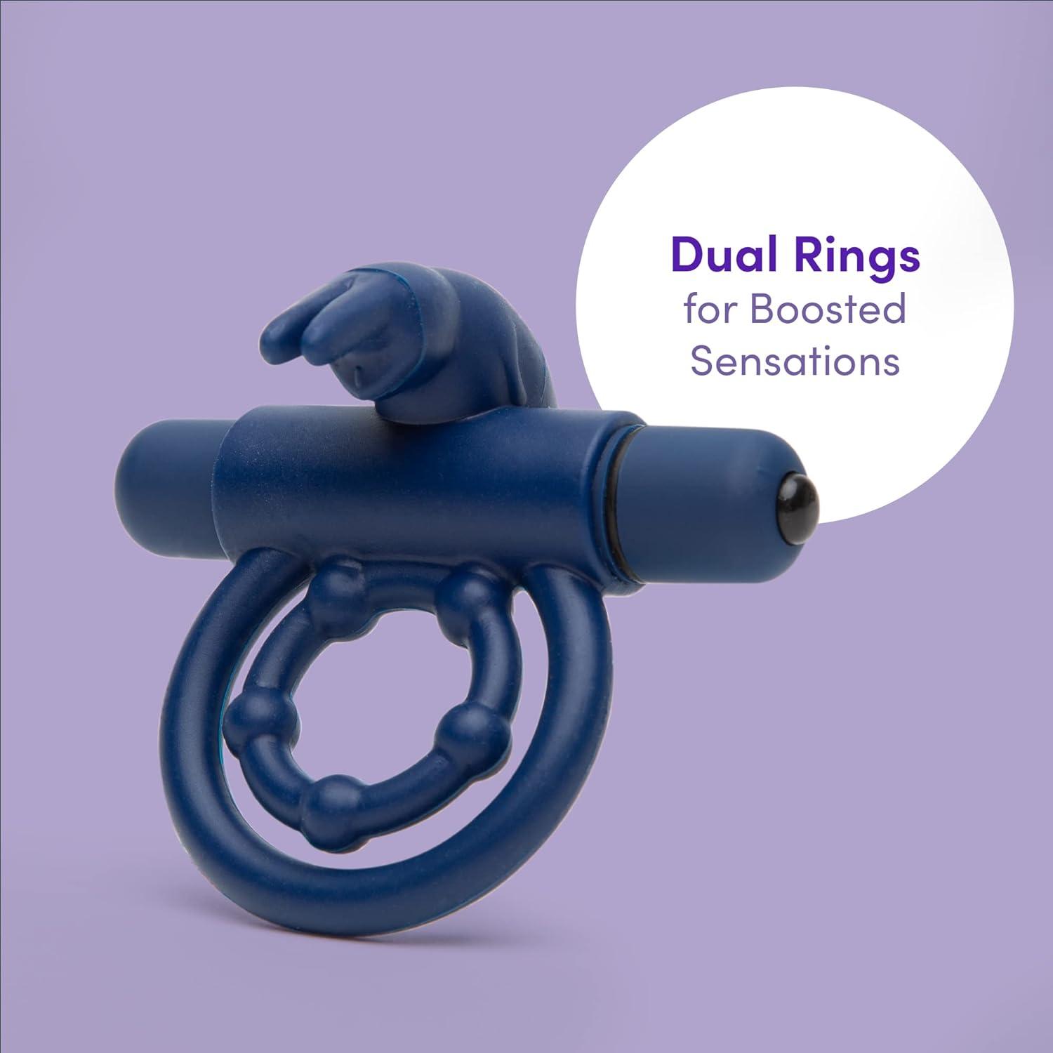 imageLovehoney Bionic Bullet Rabbit Vibrating Cock Ring Stretchy Silicone Double Penis Ring 5 Function Removable Bullet Vibrator Waterproof BlueBlue